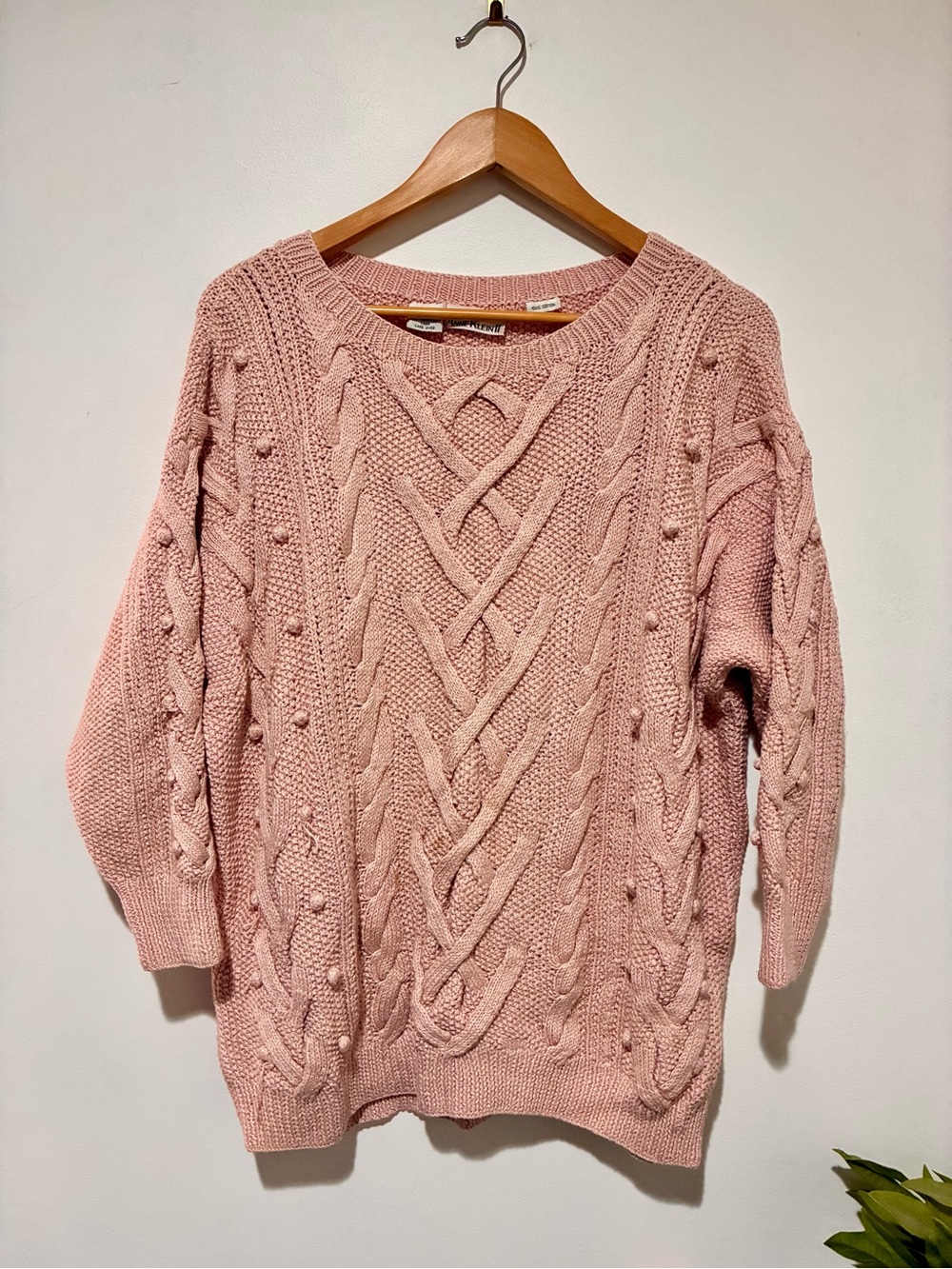 Anne Klein | Blush Pink Cable-Knit Crewneck Sweater with Pom and thick knit